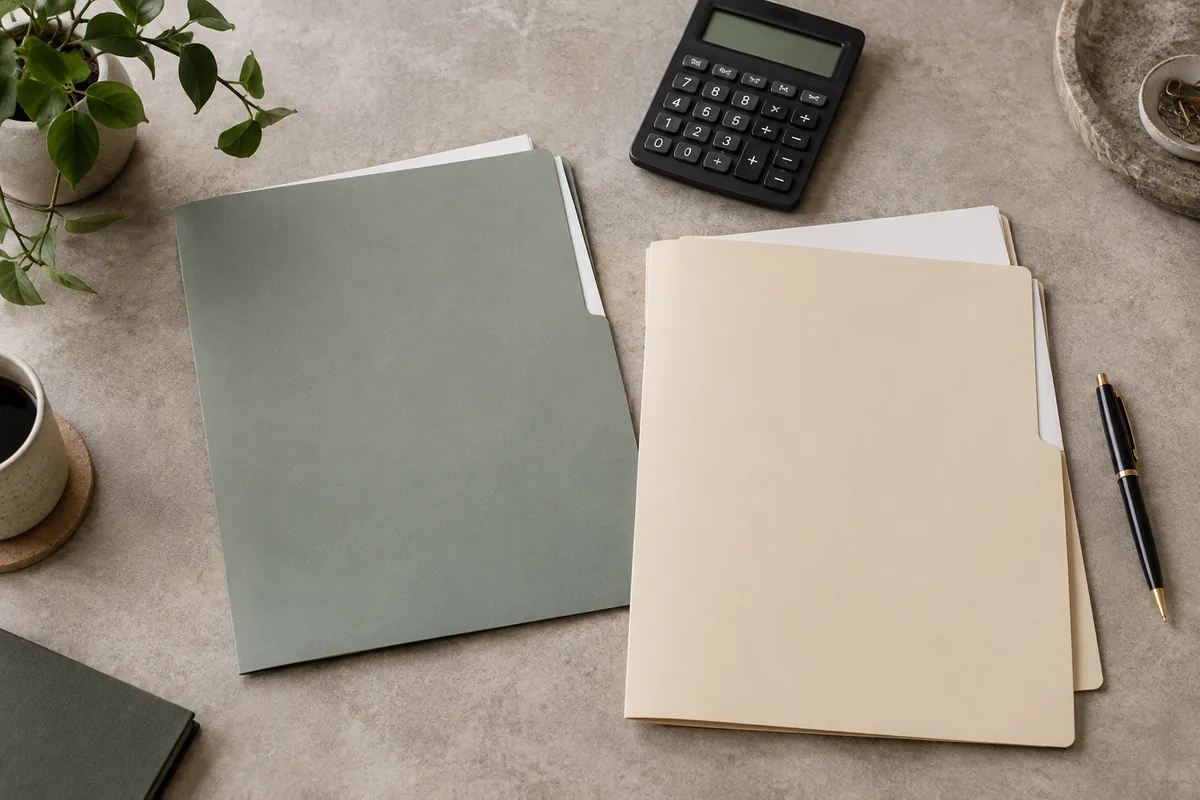A calculator, two proposal folders and a pen arranged on a desk