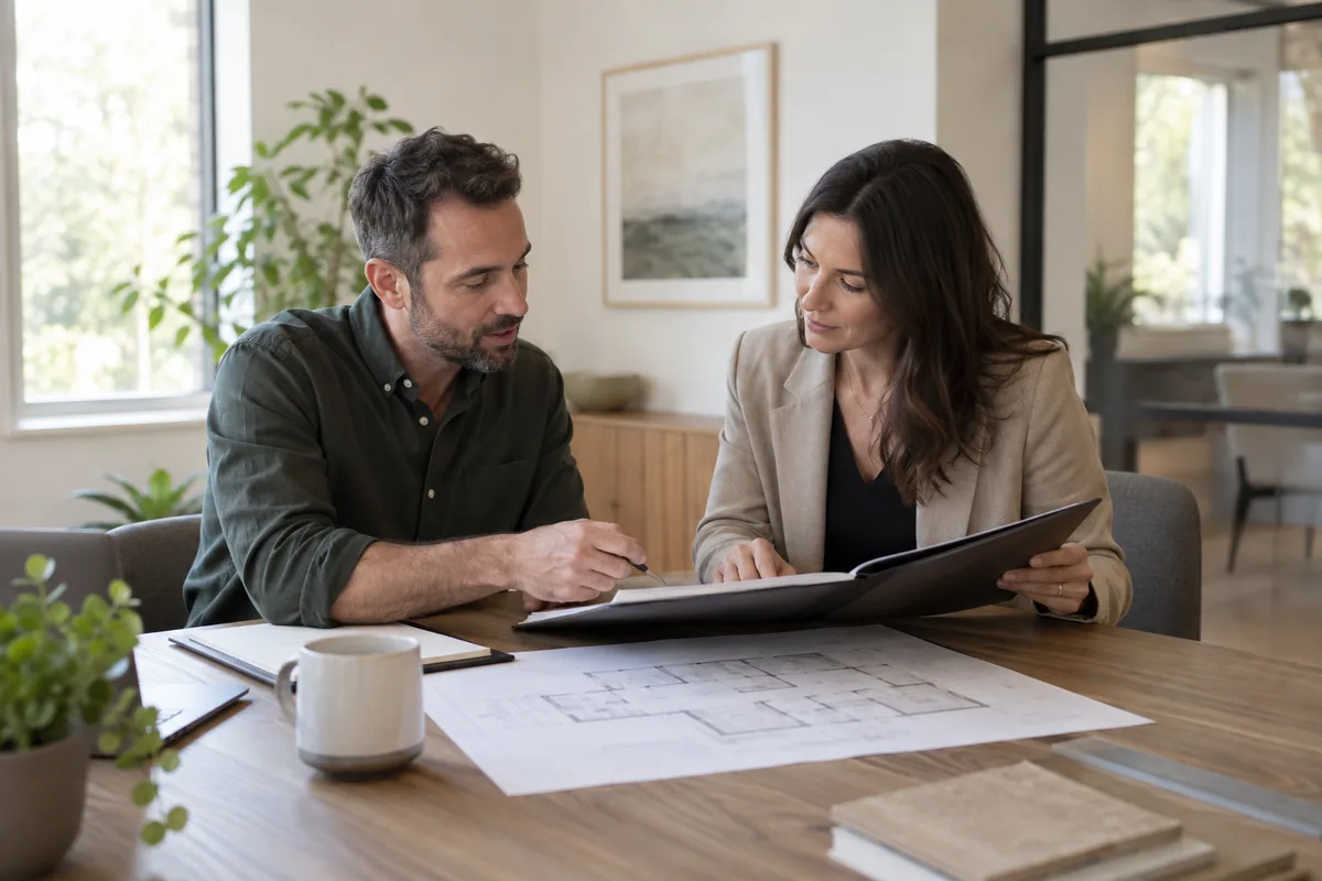 Two professionals discussing a project folder and plans in a meeting room