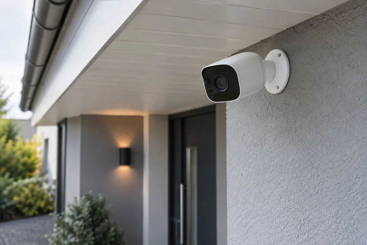 An outdoor security camera mounted beneath the eave of a home
